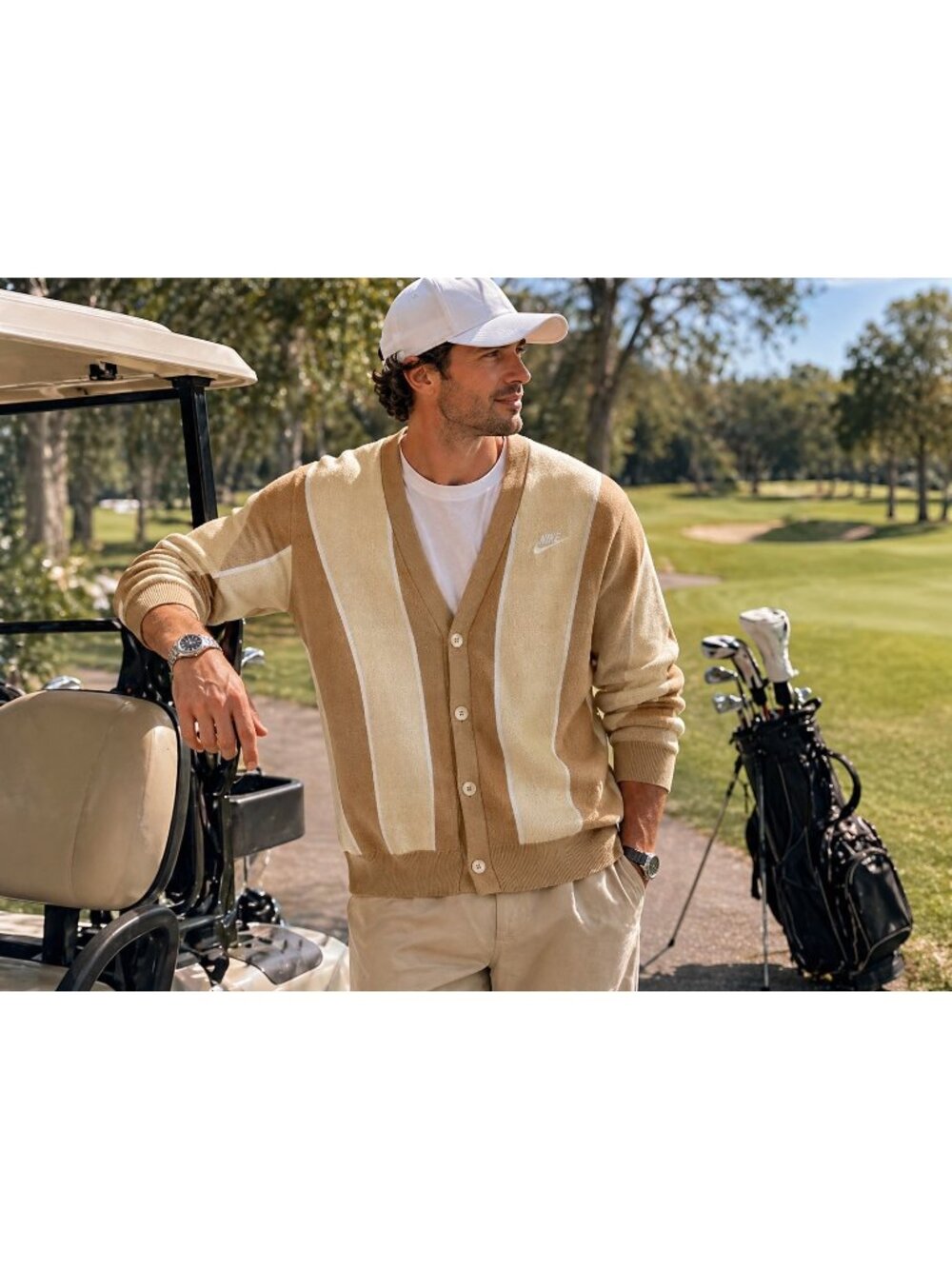 Mens Nike Striped Cotton Button-Up Golf Cardigan XL Beige & White Sweater NWOT